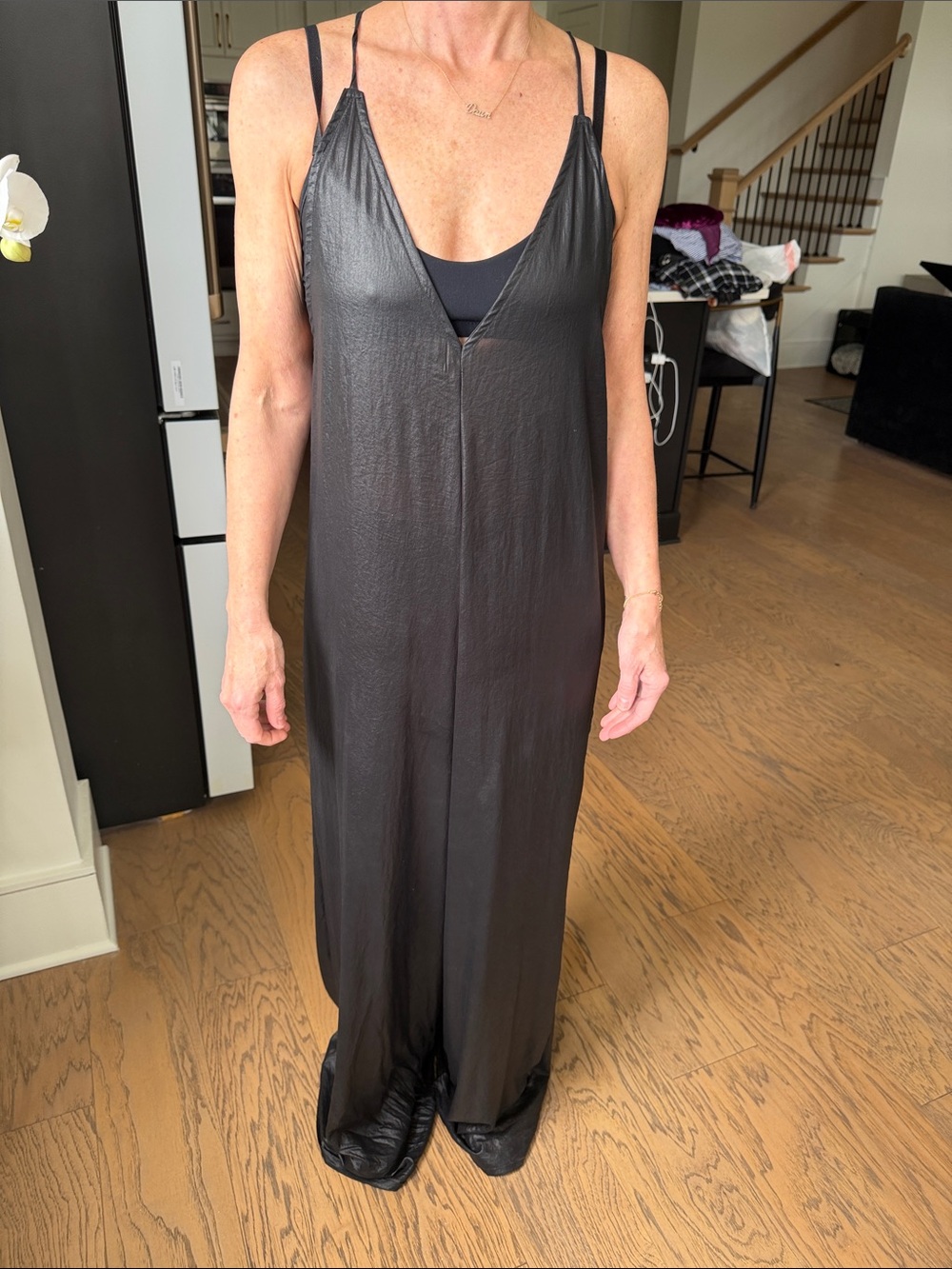 Nightcap Black Satin Maxi Slip Dress with Double Straps